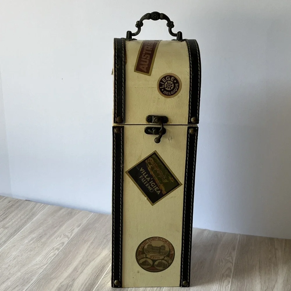 Wooden Wine Bottle Gift Box, Leather Accents Luggage Theme, Metal Clasp & Handle